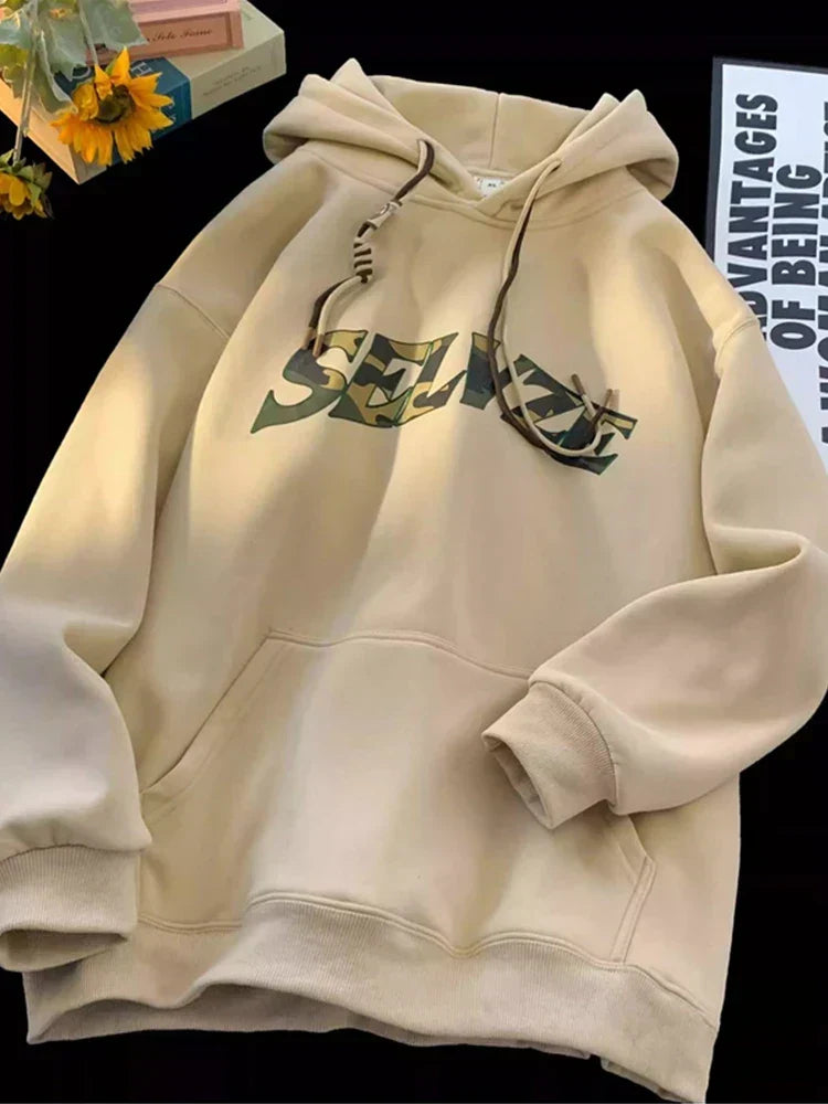 Camouflage Letter Print Punk Y2K Hoodie Apricot / M(40-45KG)