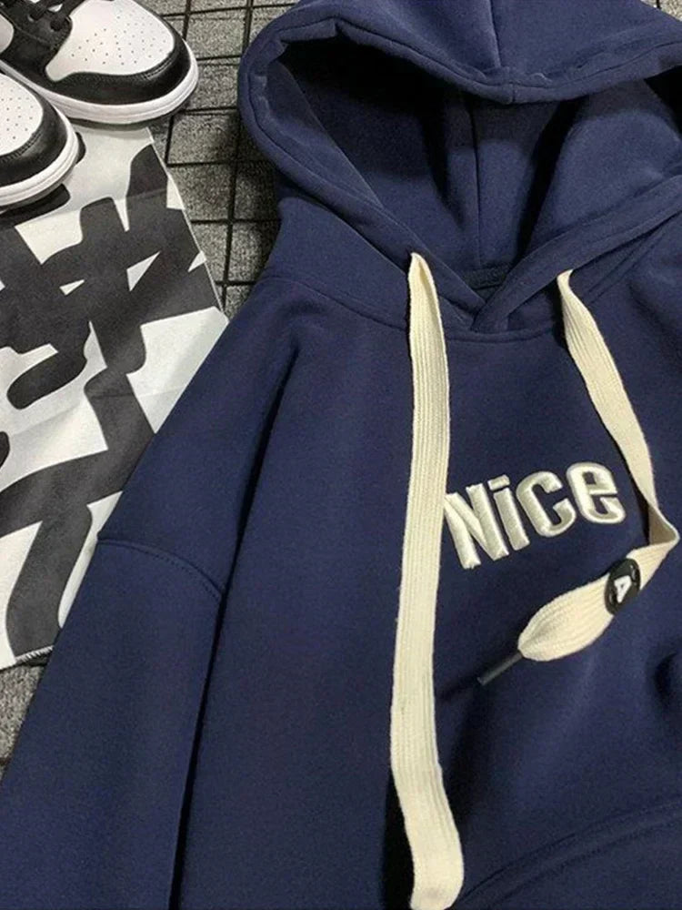 Nice Letter Print Cotton Fleece Hoodie Navy Blue / M(40-45KG)