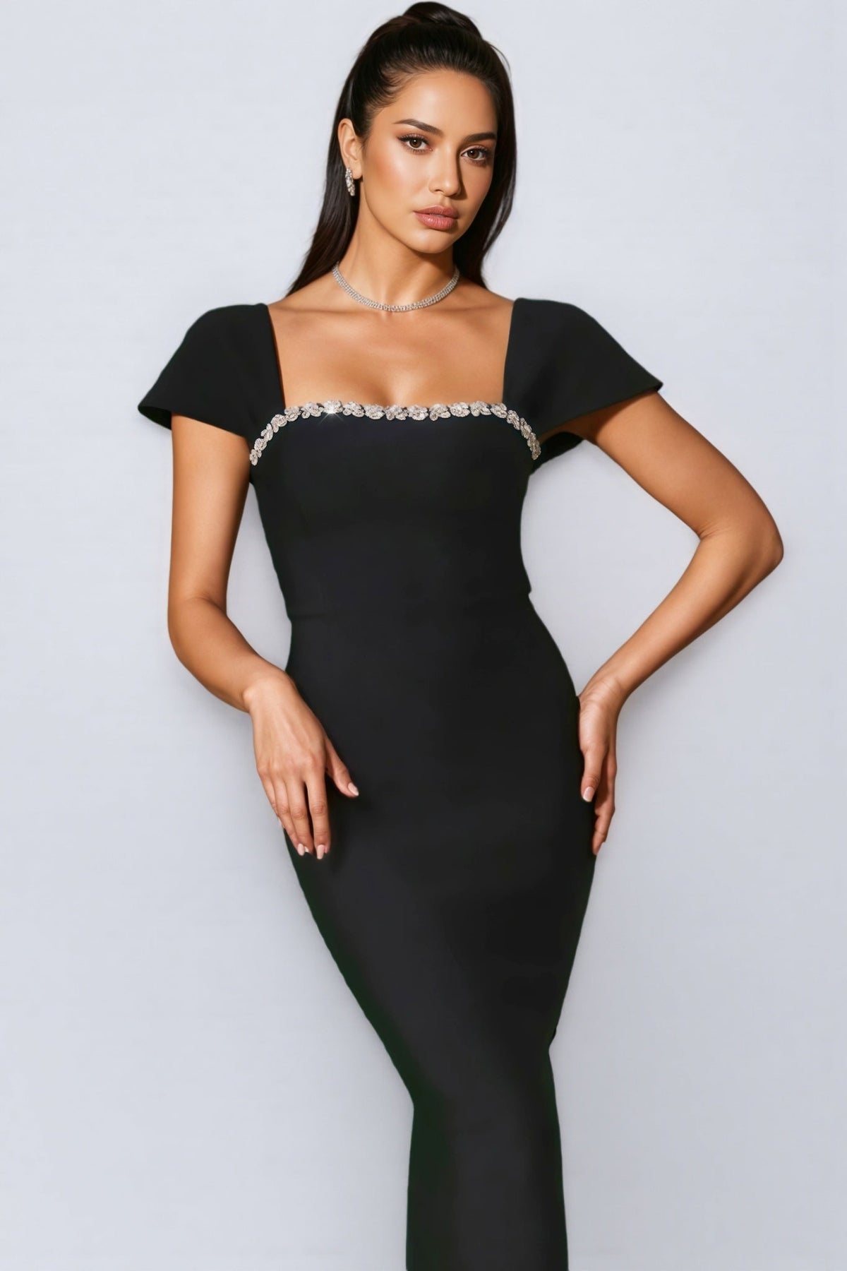 Crystal Trim Square Neck Cap Sleeve Column Maxi Gown - View 4