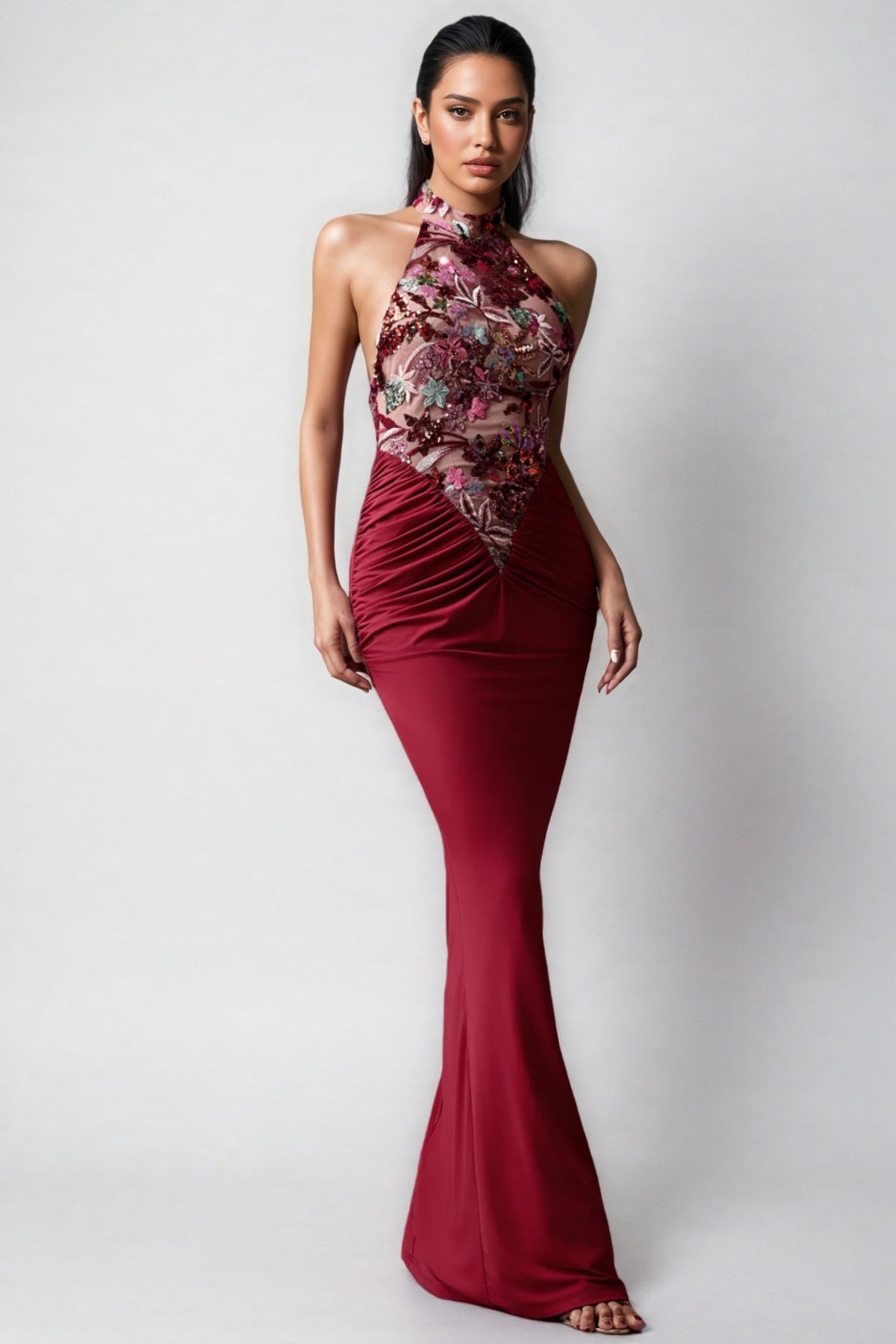 Floral Sequin Halter Neck Ruched Mermaid Maxi Gown - View 2