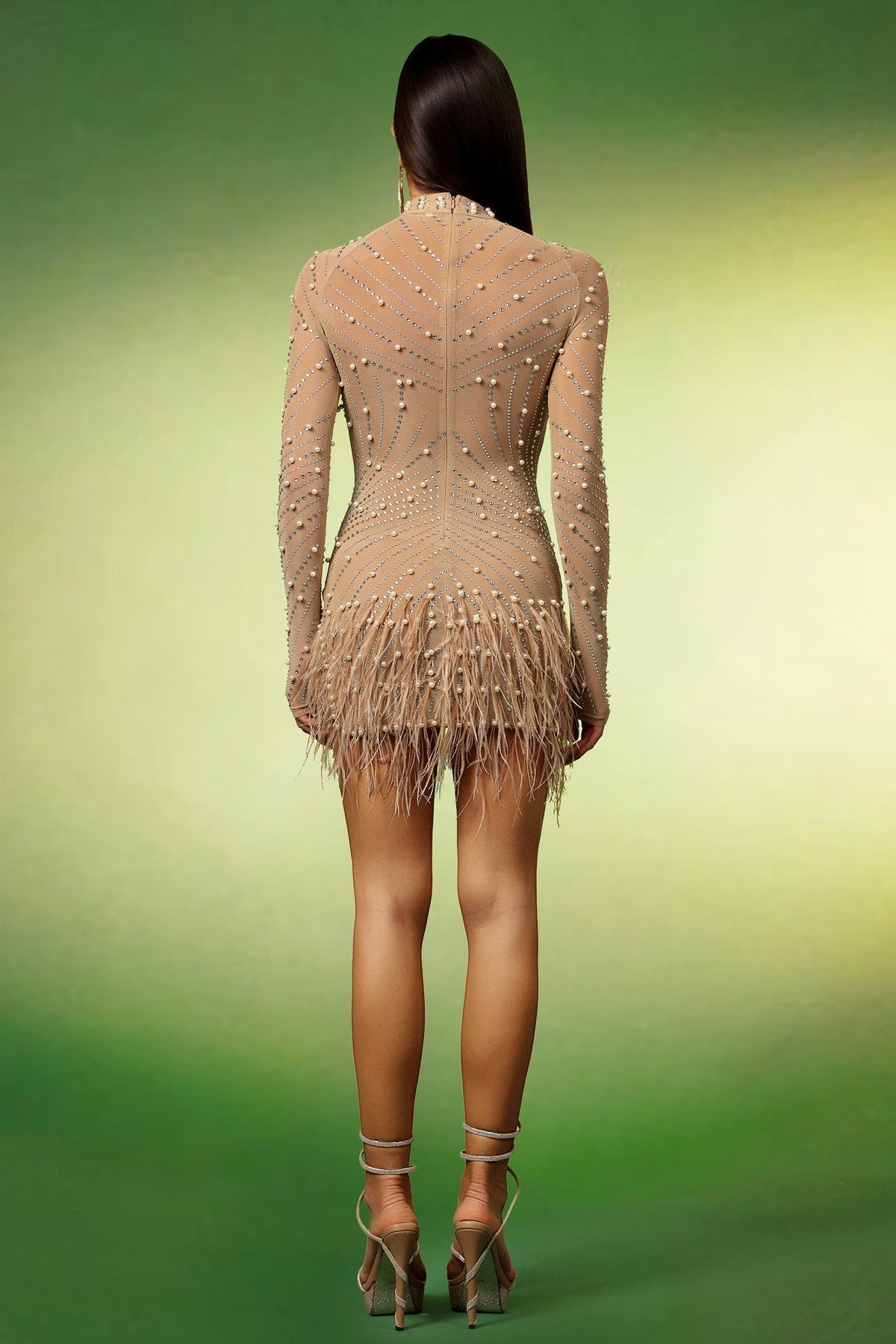 Long Sleeve Mock Neck Pearl Rhinestone Feather Fringe Mesh Mini Dress - View 6