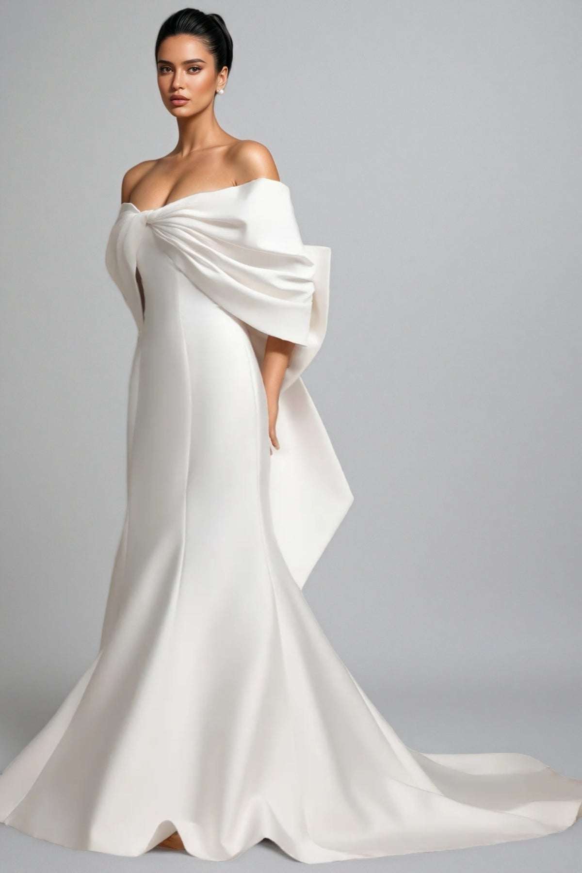 Satin Off Shoulder Architectural Bow Detail Mermaid Wedding Maxi Gown - View 2