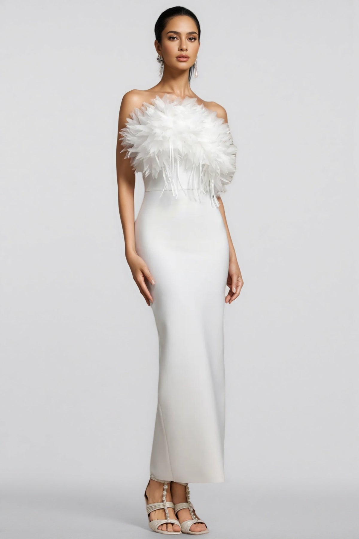 Feather Trim Strapless Column Bodycon Maxi Gown