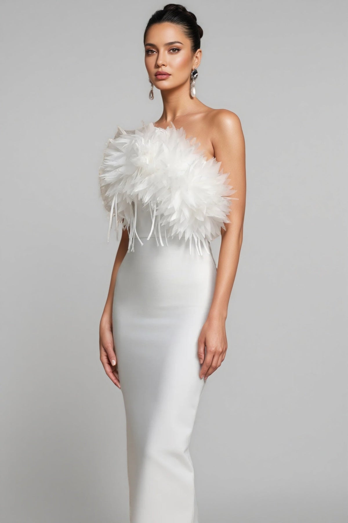Feather Trim Strapless Column Bodycon Maxi Gown - View 2