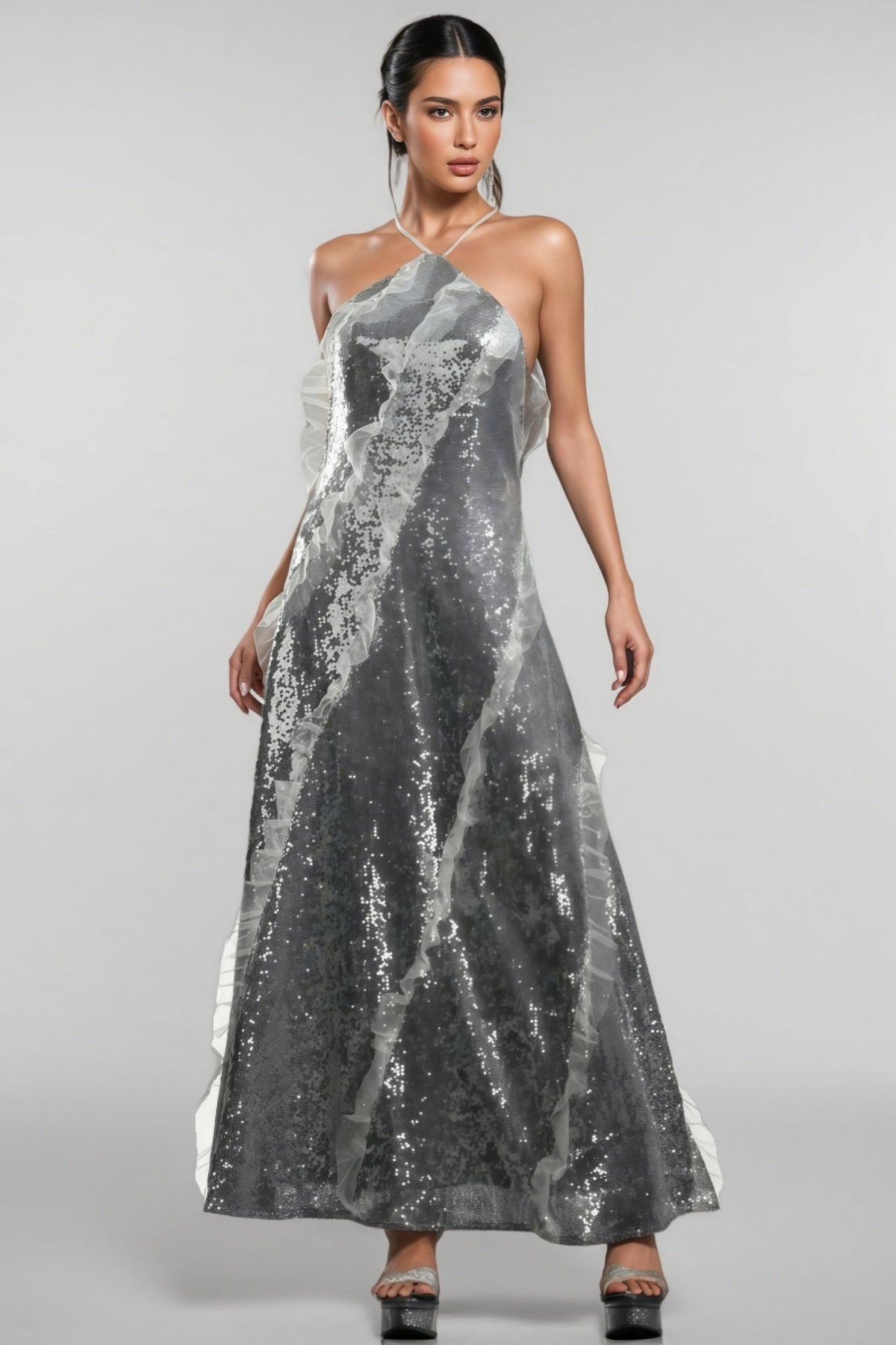 Sequin Halter Neck Organza Ruffle A-Line Maxi Dress