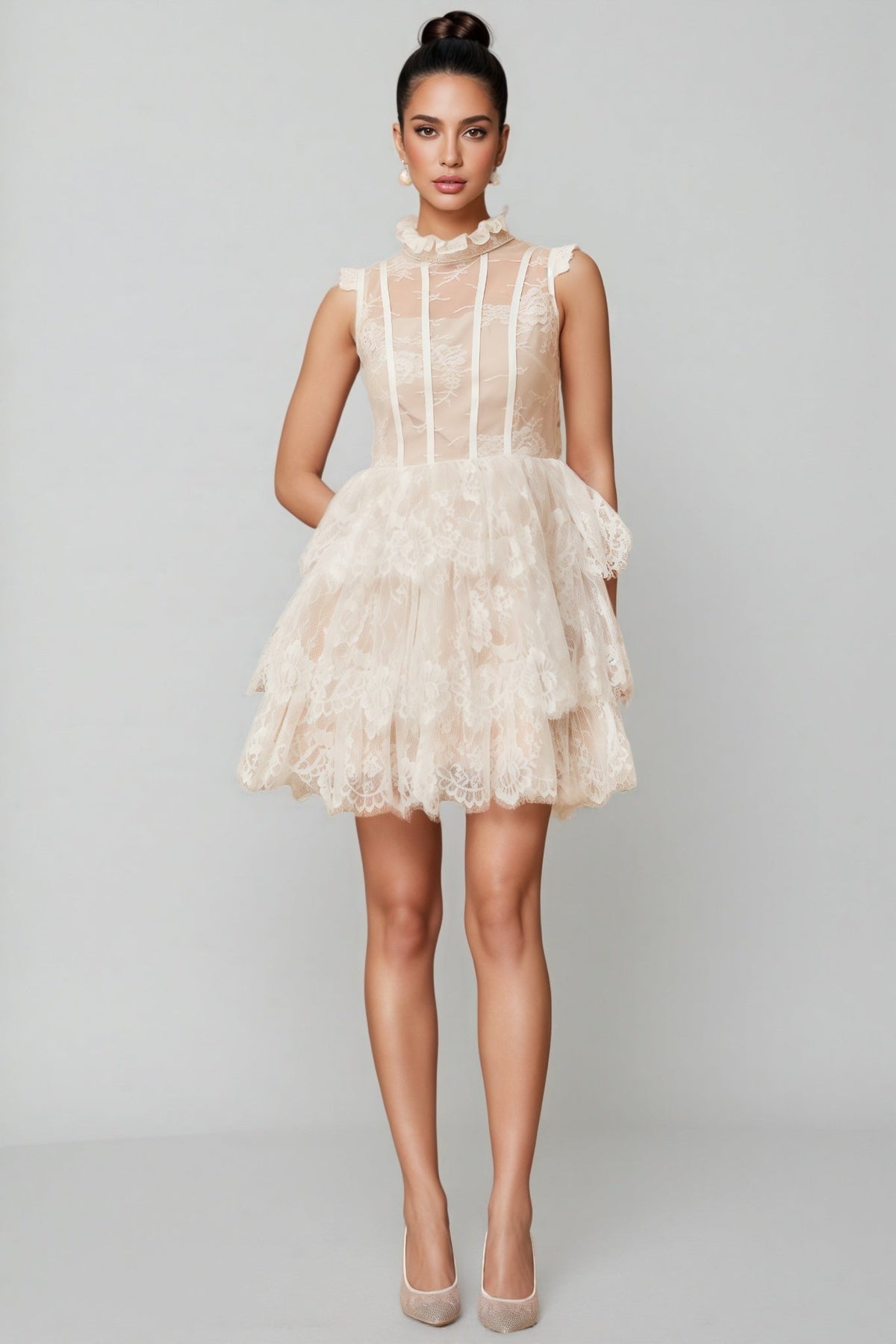 Lace High Neck Tiered Ruffle Mini Dress
