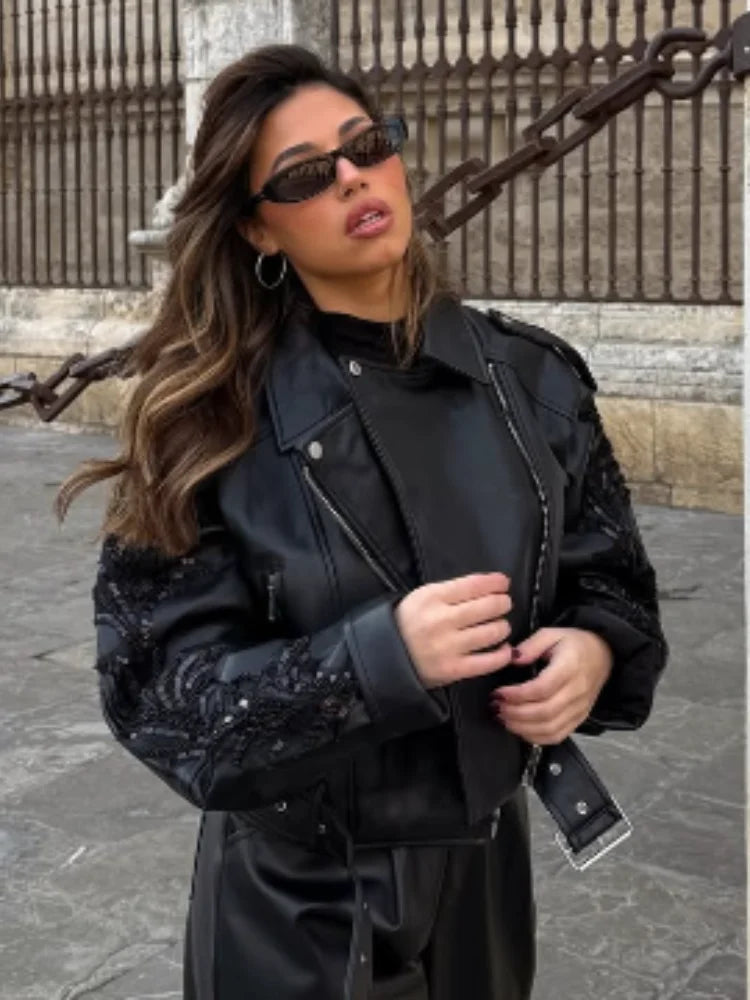 Sequins Shiny Belted Leather Coat