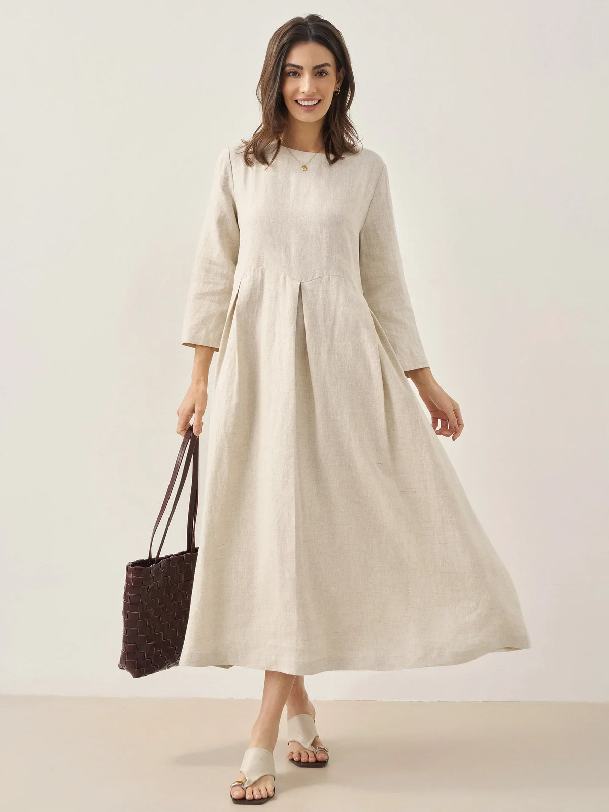 Pleated Round Neck Pocket A-Line Maxi Dress 6