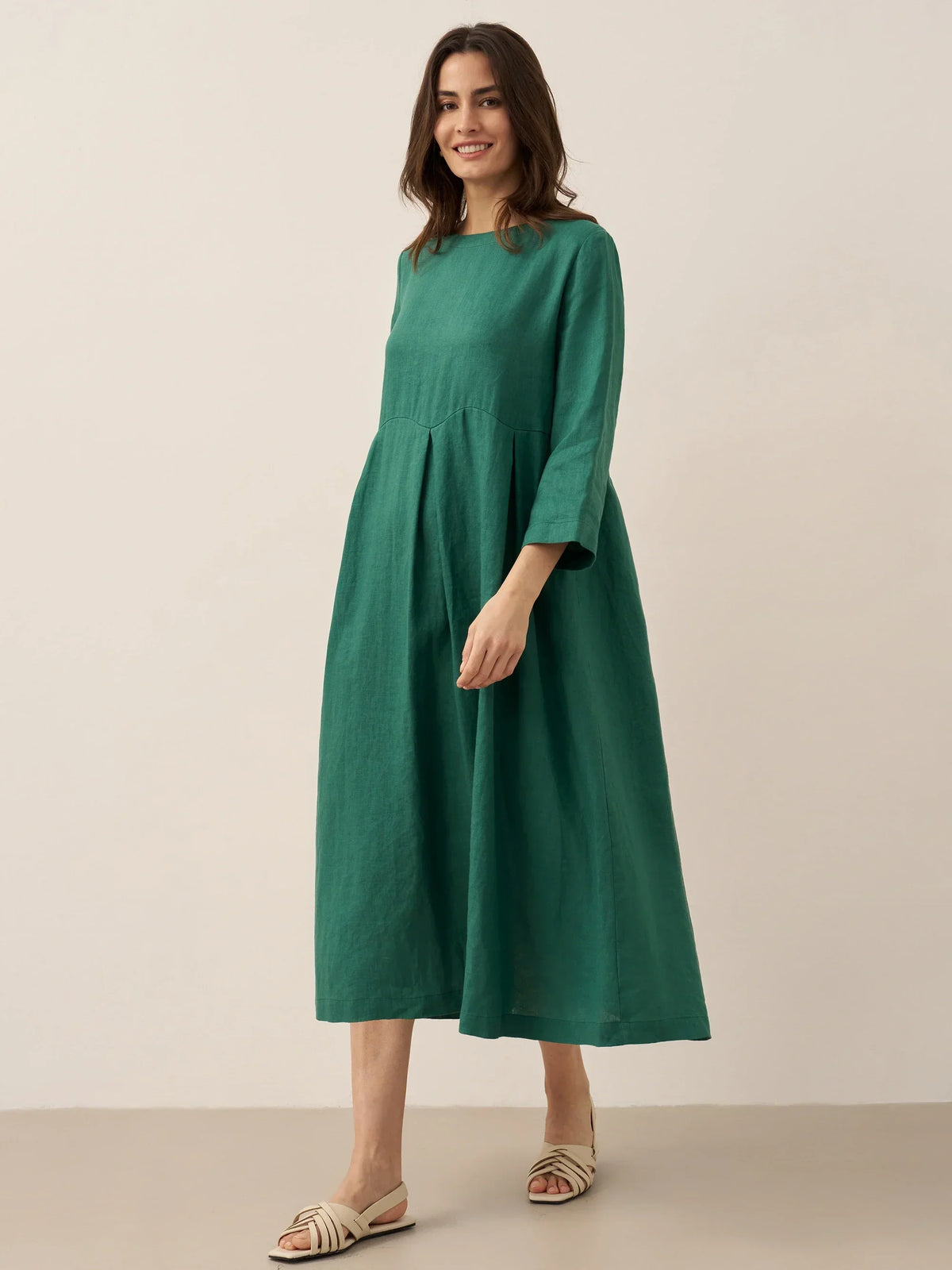 Pleated Round Neck Pocket A-Line Maxi Dress 15