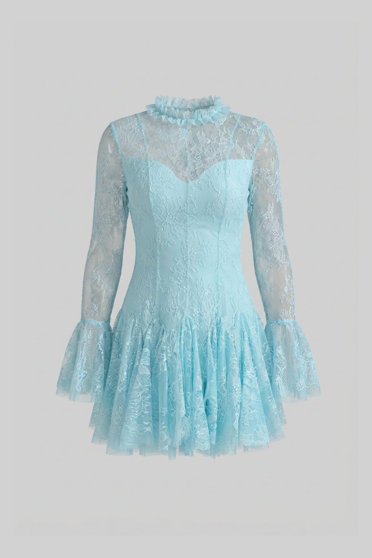 Sheer Lace Long Sleeve Mini Dress With Ruffled Hem - Teal - View 2