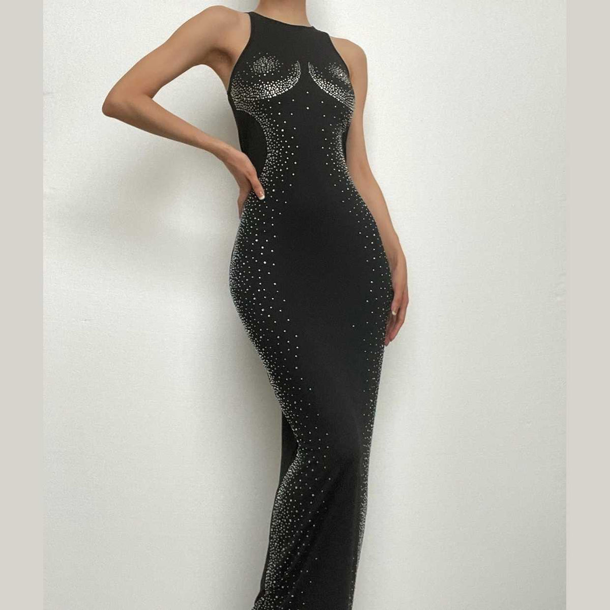 Rhinestone Contour High Neck Sleeveless Bodycon Maxi Gown