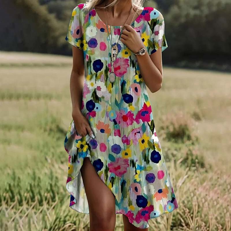 Floral Print Short Sleeve Scoop Neck Side Pocket A-Line Dress