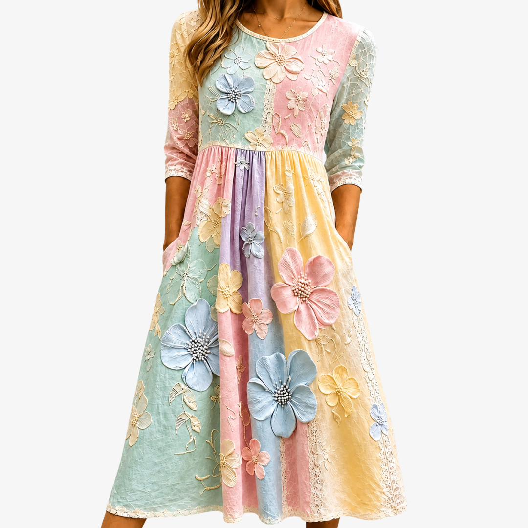 3D Floral Lace Colorblock A-Line Midi Dress