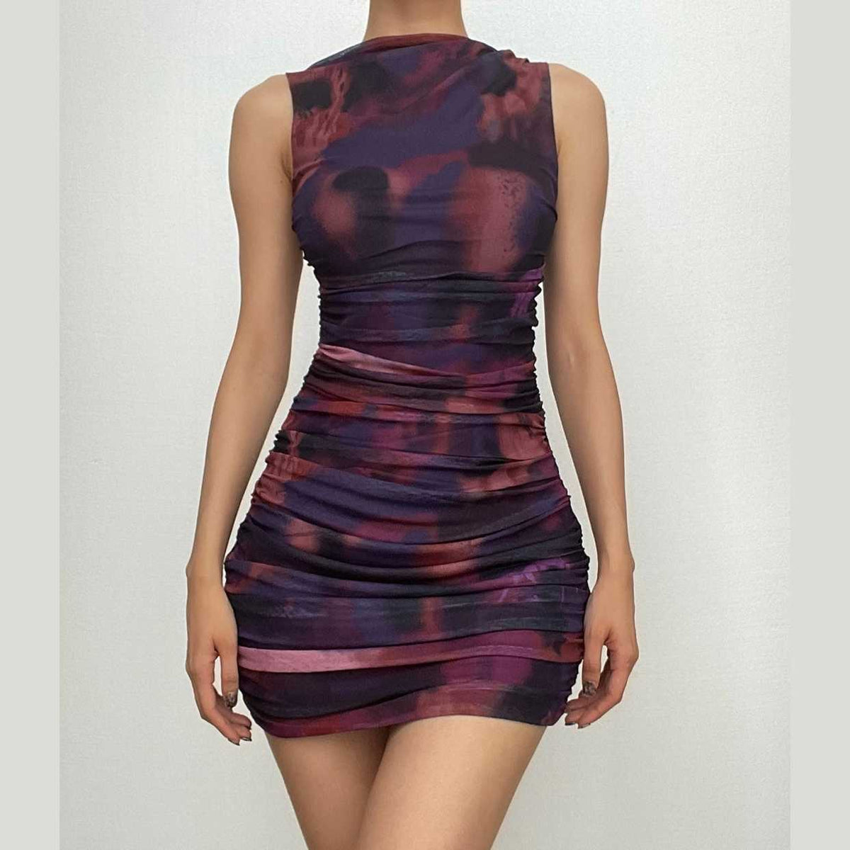 Ruched tie dye sleeveless crewneck mesh mini dress - Final Sale