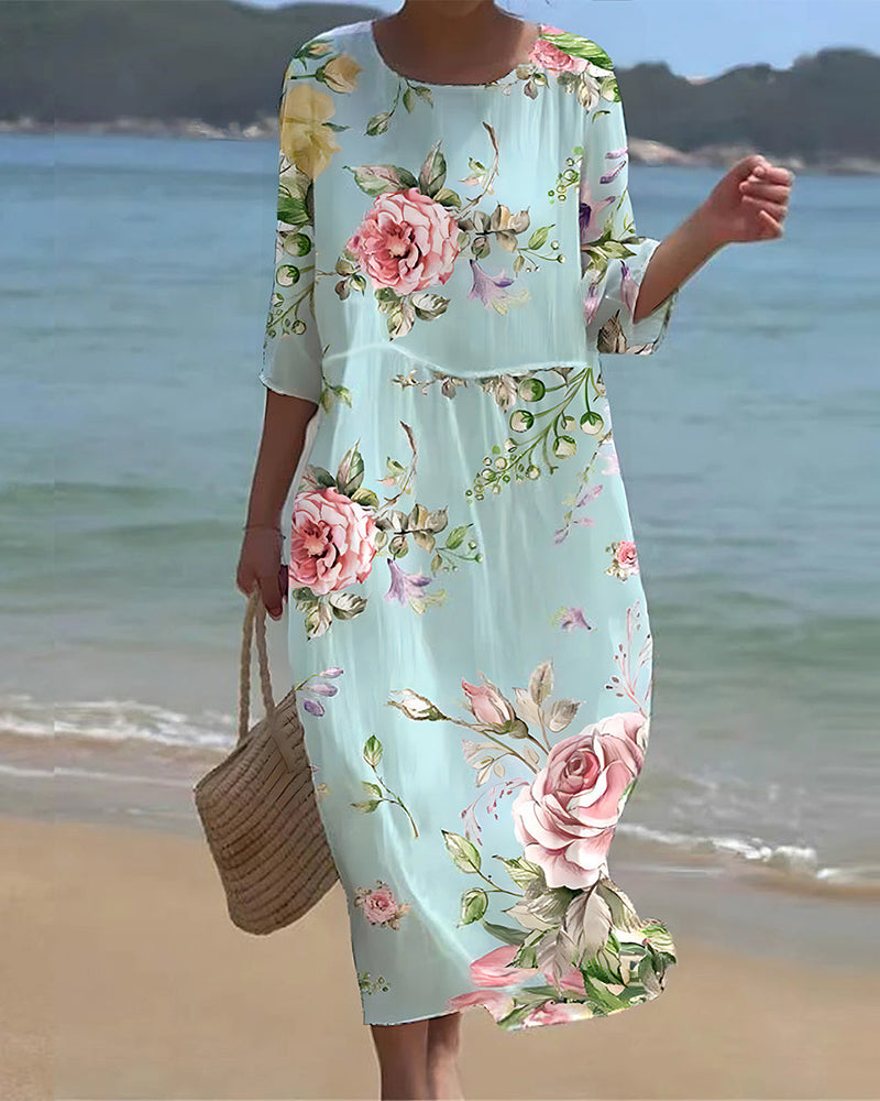 Floral Print Round Neck Three Quarter Sleeve Loose Shift Maxi Dress