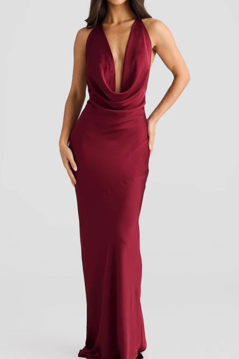 Satin Cowl Neck Halter Backless Mermaid Maxi Dress