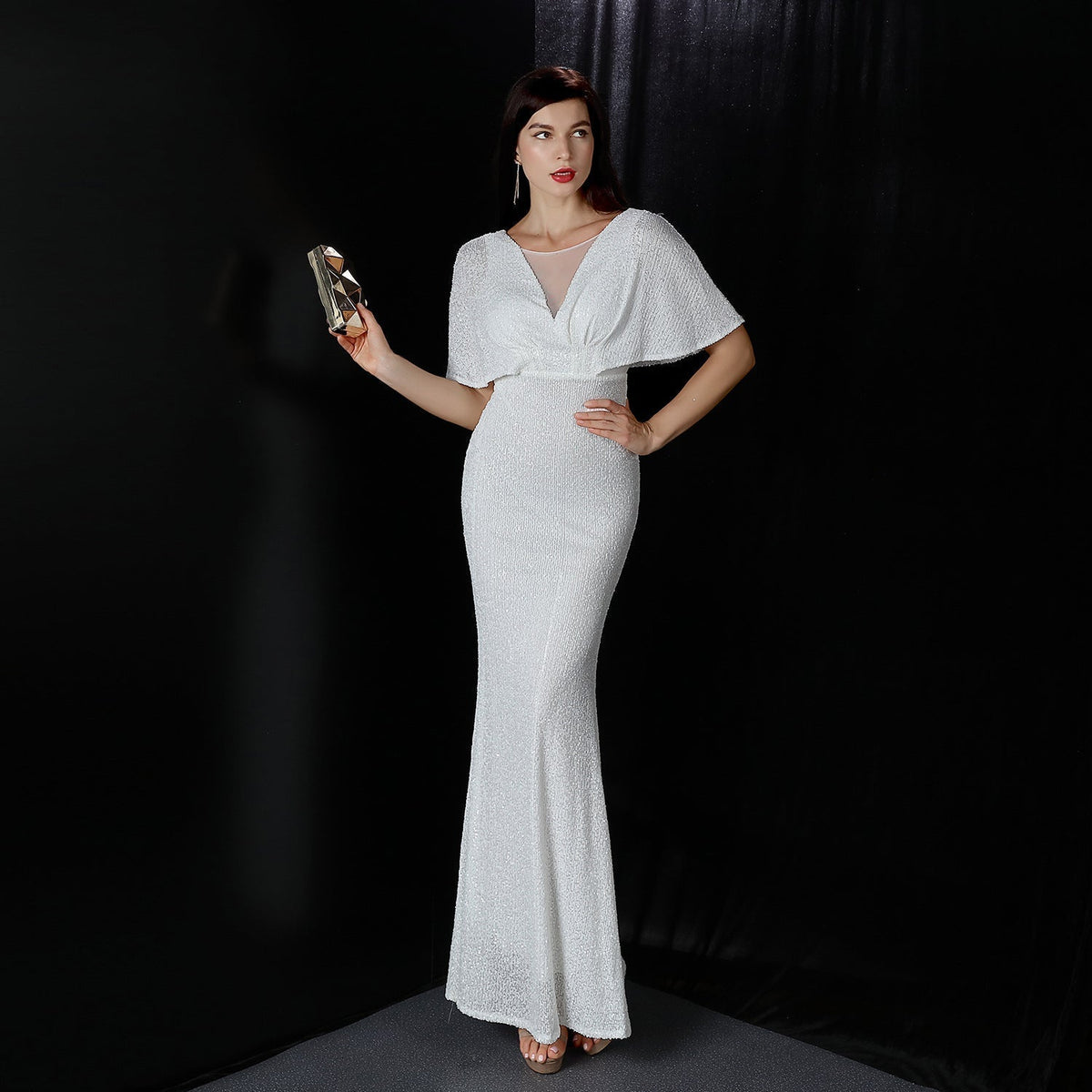 Sequin Round Neck Flutter Sleeve Mesh Yoke Mermaid Maxi Gown 18