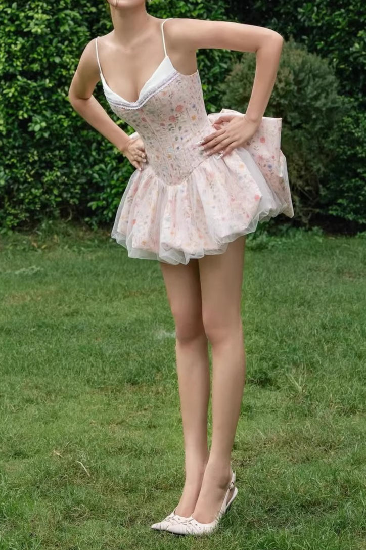 Floral Corset Spaghetti Strap Tulle Bubble Hem Mini Dress - View 4