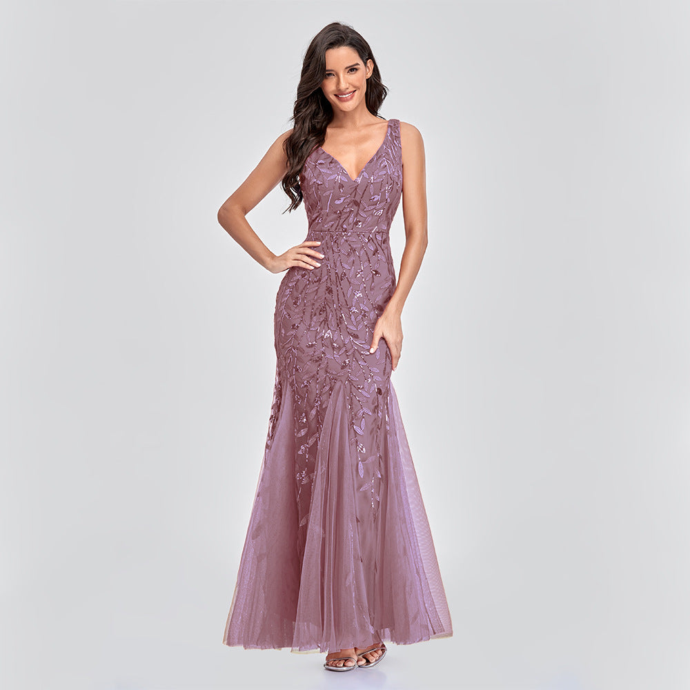 Sequin V-Neck Sleeveless Mermaid Maxi Evening Gown - View 3