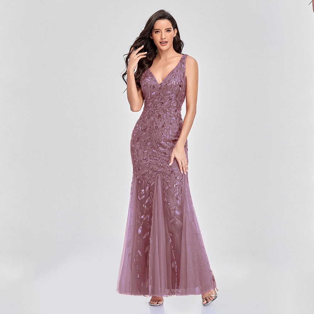 Sequin V-Neck Sleeveless Mermaid Maxi Evening Gown - View 5