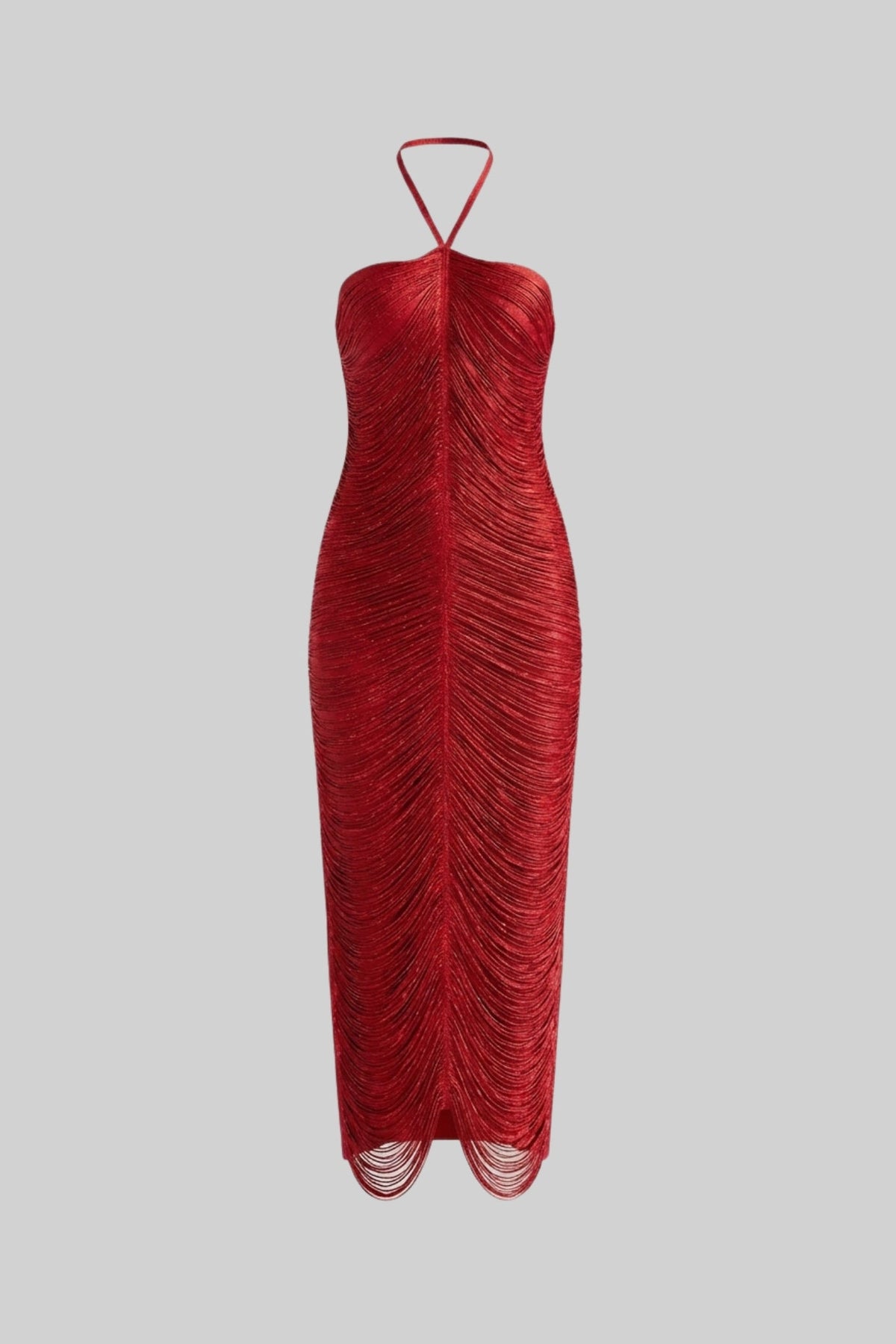 Halter Neck Midi Dress With All-Over Pleated Texture - Red - View 2