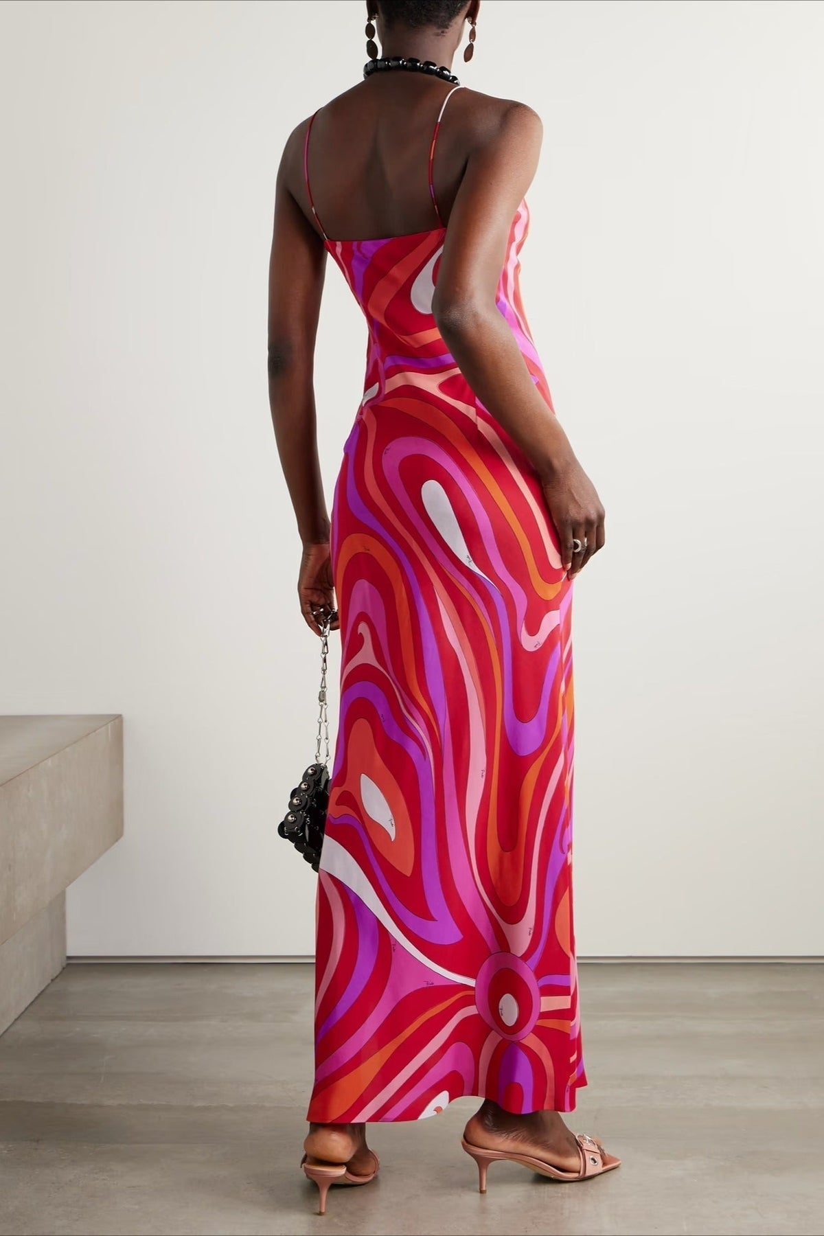 Spaghetti Strap Deep V-Neck Abstract Print Satin Slip Maxi Dress - View 7