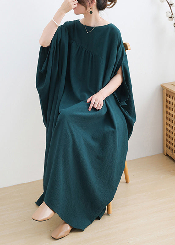 Crew Neck Batwing Sleeve Diagonal Seam Gathered Maxi Dress