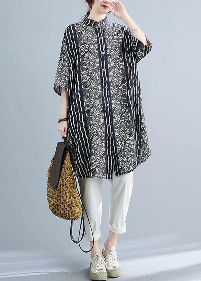 Floral Print Collar Button Front Panel Stripe Shirt Dress - View 5