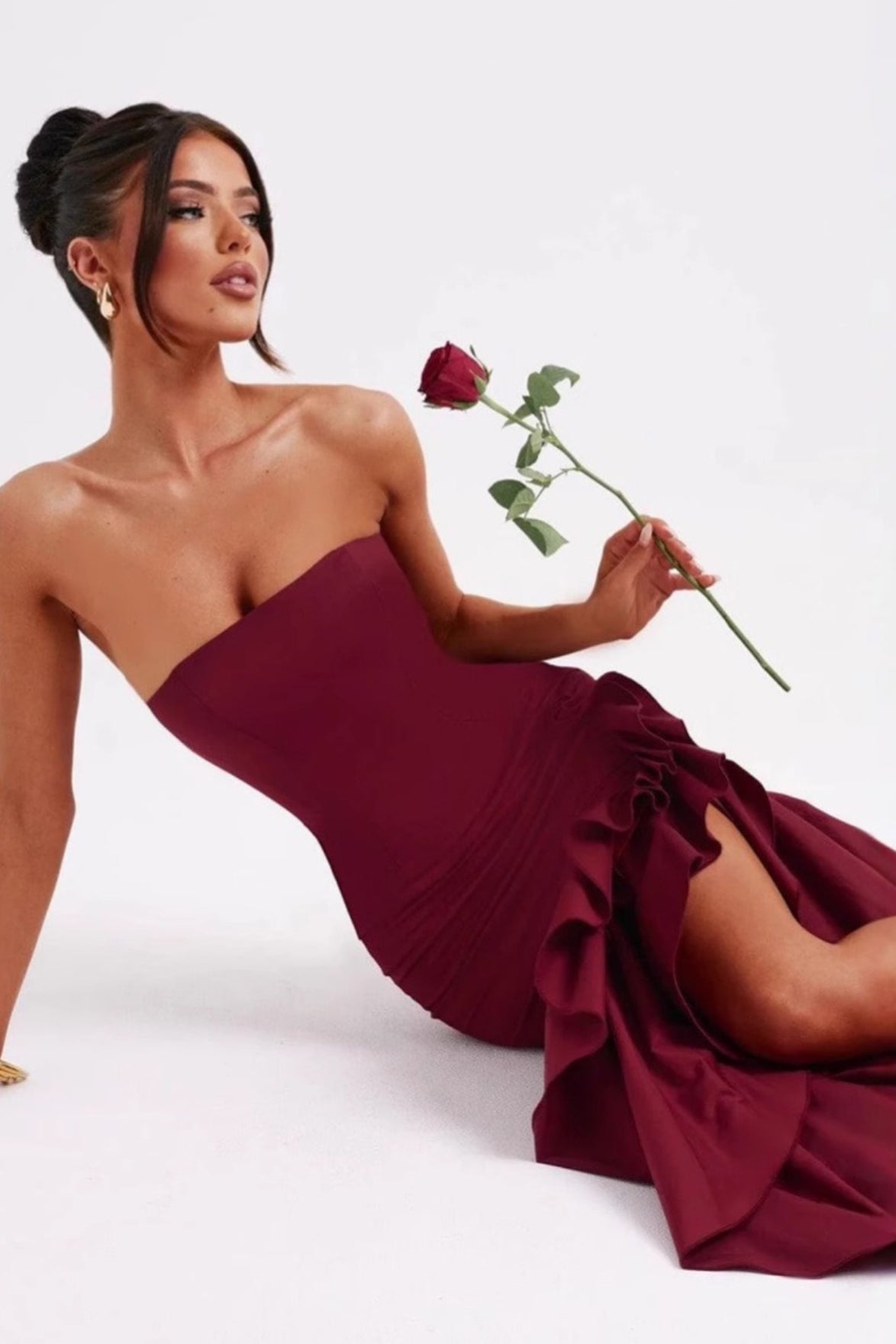 Strapless Contrast Ruffle High Low Bodycon Maxi Dress 9