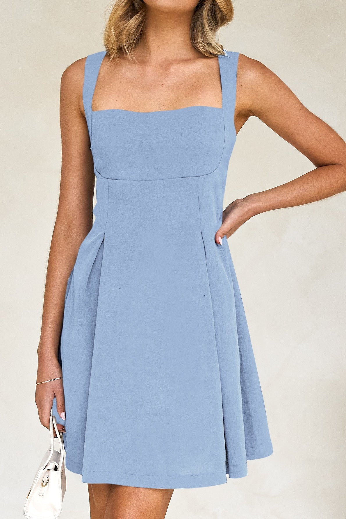Square Neck Sleeveless Pleated Fit and Flare Mini Dress - View 9