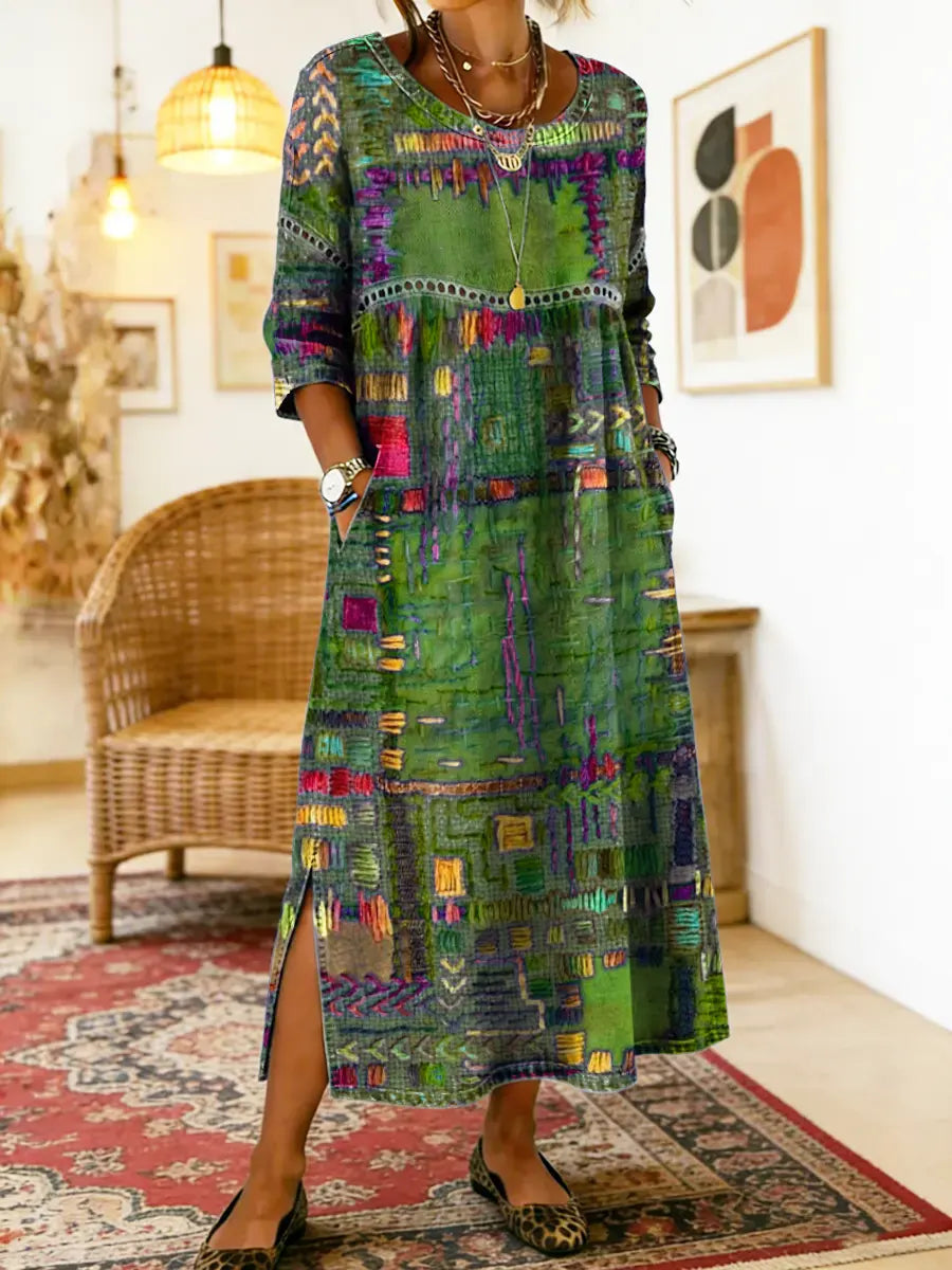 Patchwork Print Round Neck Pocket A-Line Maxi Dress 5