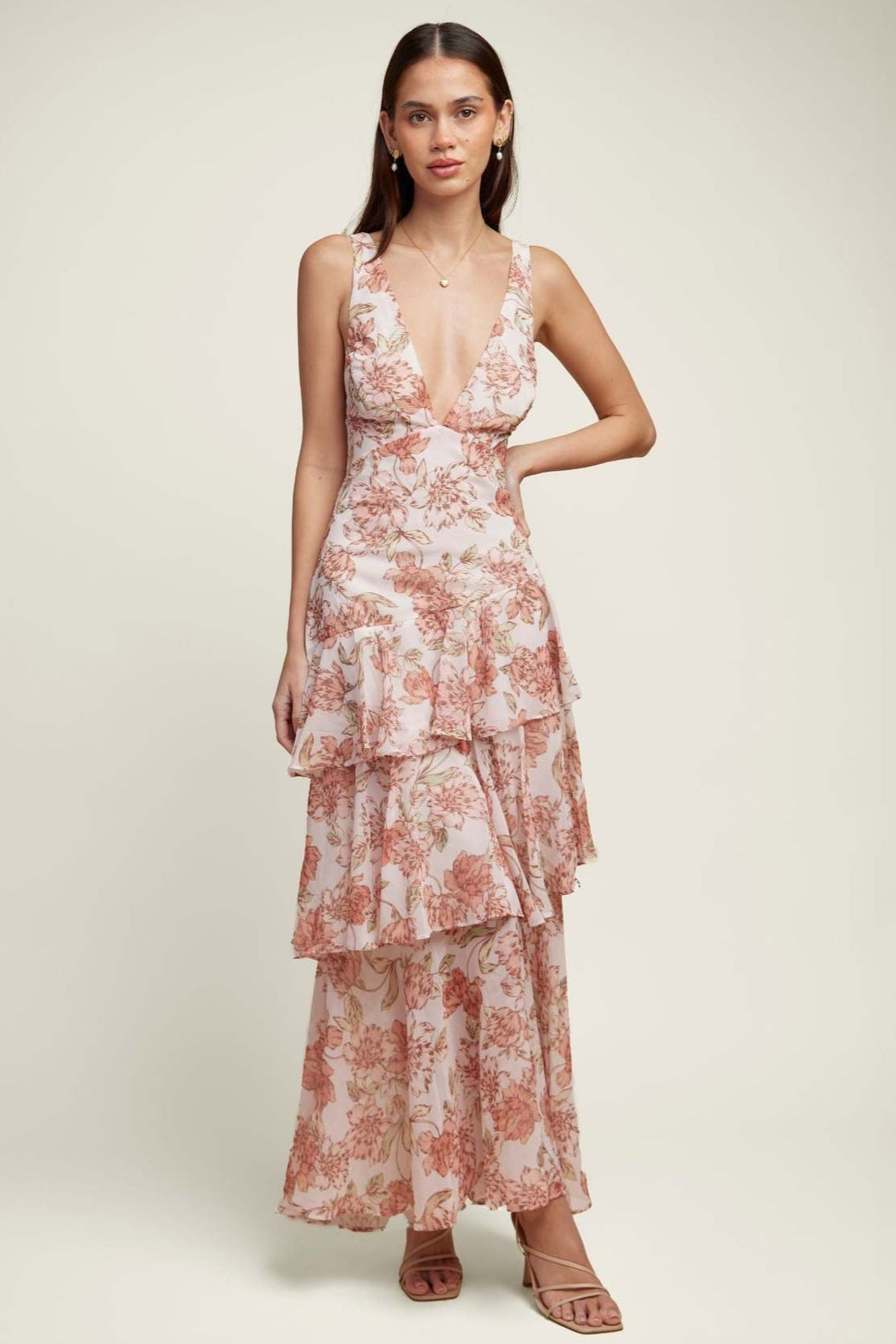 Floral Deep V-Neck Sleeveless Tiered Ruffle Chiffon Maxi Dress - View 10