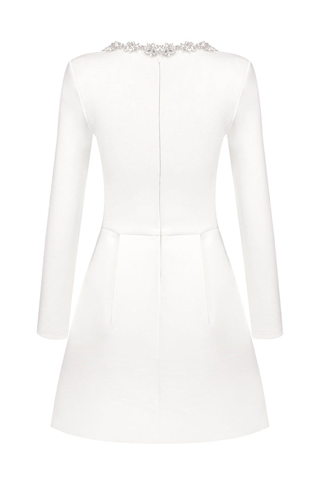 Rhinestone Trim Square Neck Long Sleeve Pleated Pocket Mini Dress - View 15