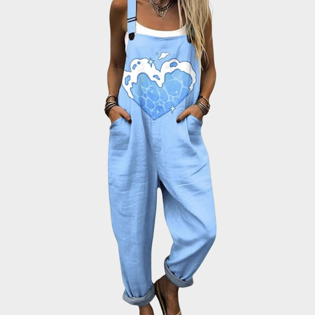 Heart Print Wide Leg Overall Jumpsuit