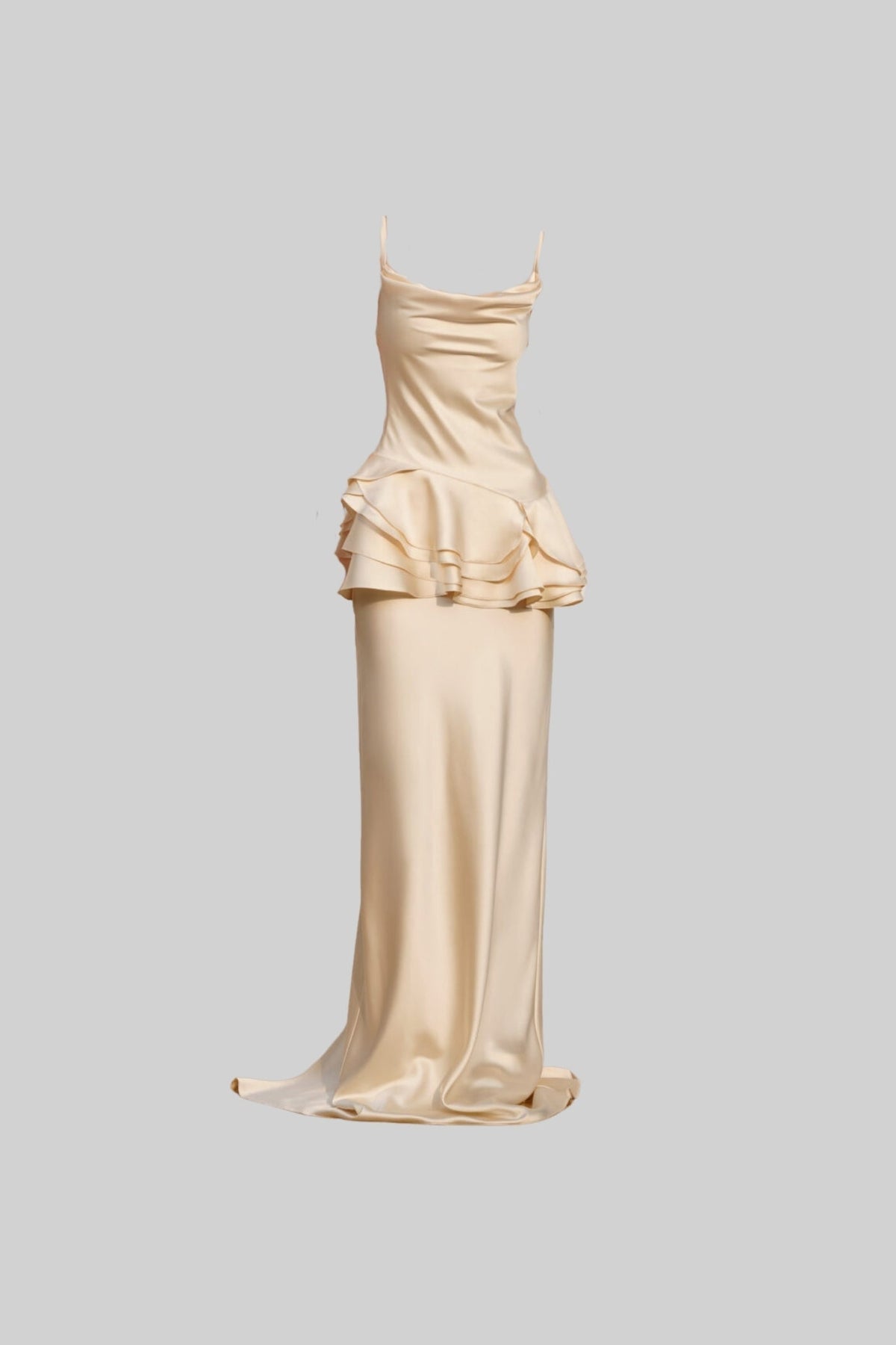Cowl Neck Spaghetti Strap Tiered Peplum Ruffle Satin Maxi Gown - View 2