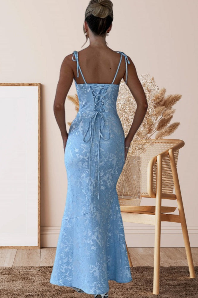 Square Neck Tie Strap Jacquard Mermaid Maxi Dress 5
