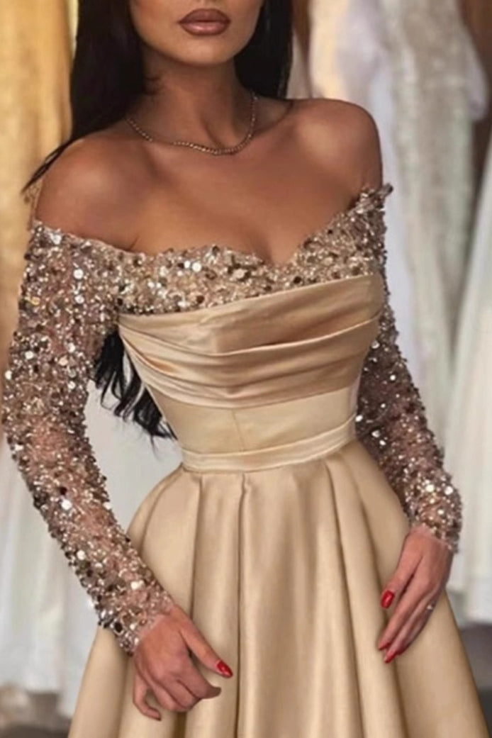 Sequin Off Shoulder Long Sleeve Draped Satin A-Line Ball Gown - View 2