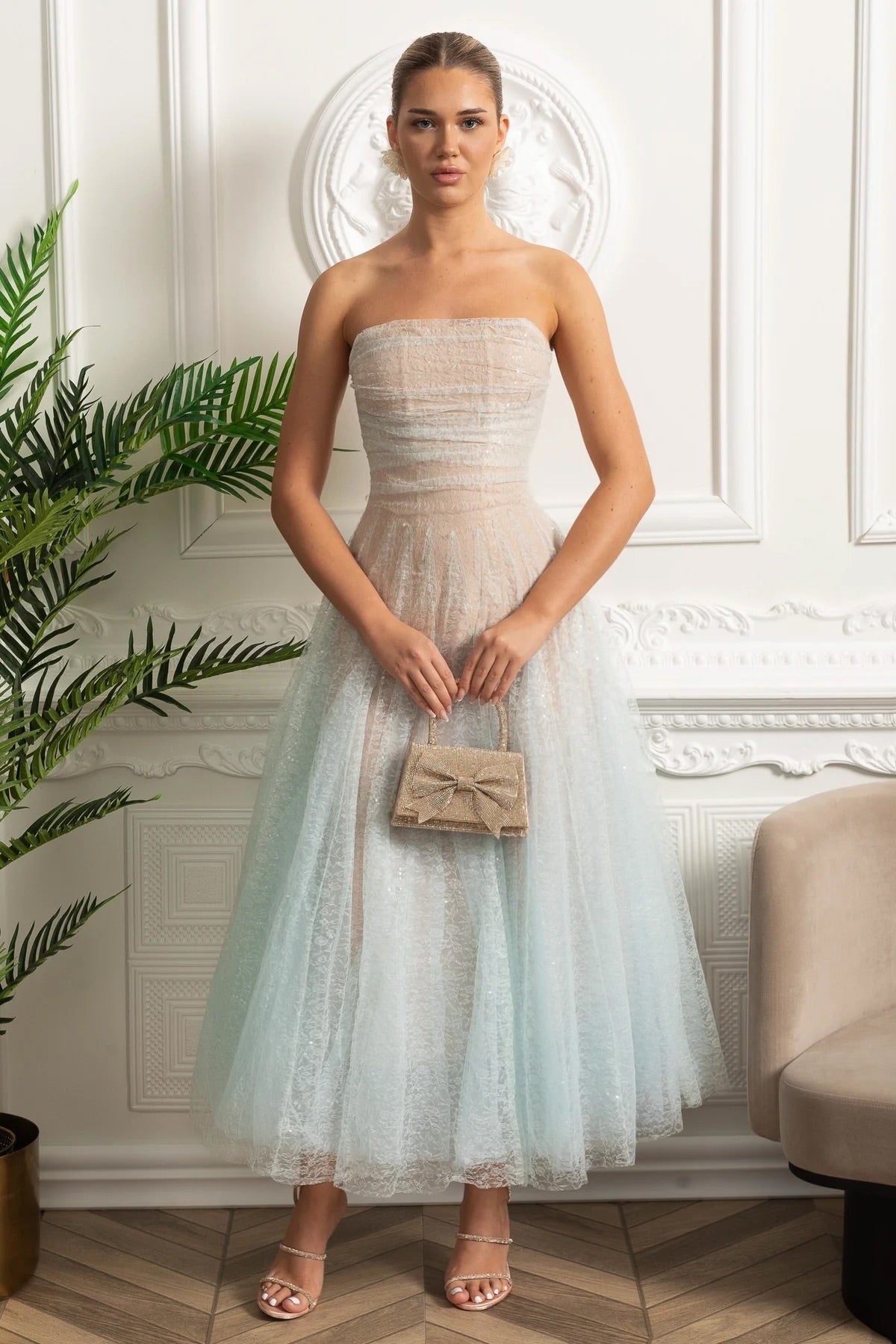 Strapless A-Line Midi Dress - Turquoise Gradient