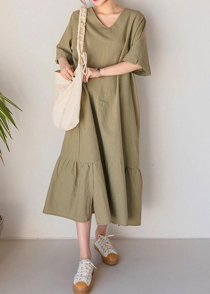 V-Neck Short Sleeve Side Slit Paneled Seam Loose Midi Dress - View 2