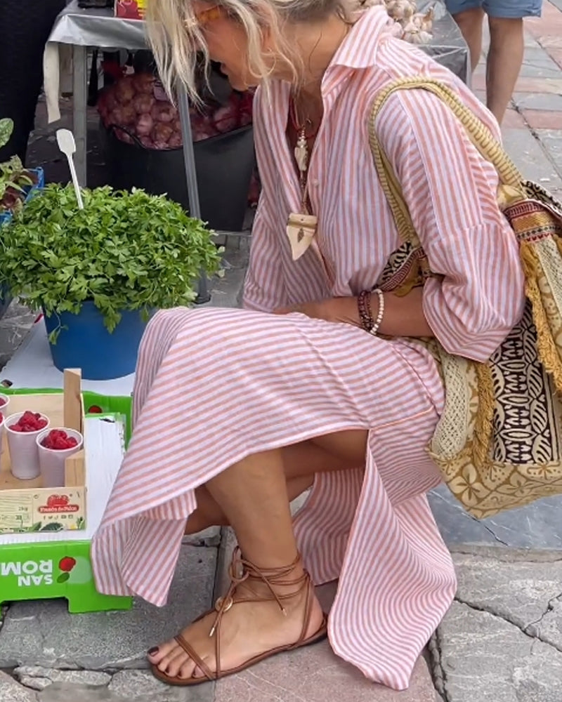 Striped Button Down Collared Three Quarter Maxi Shirt Dress - View 3
