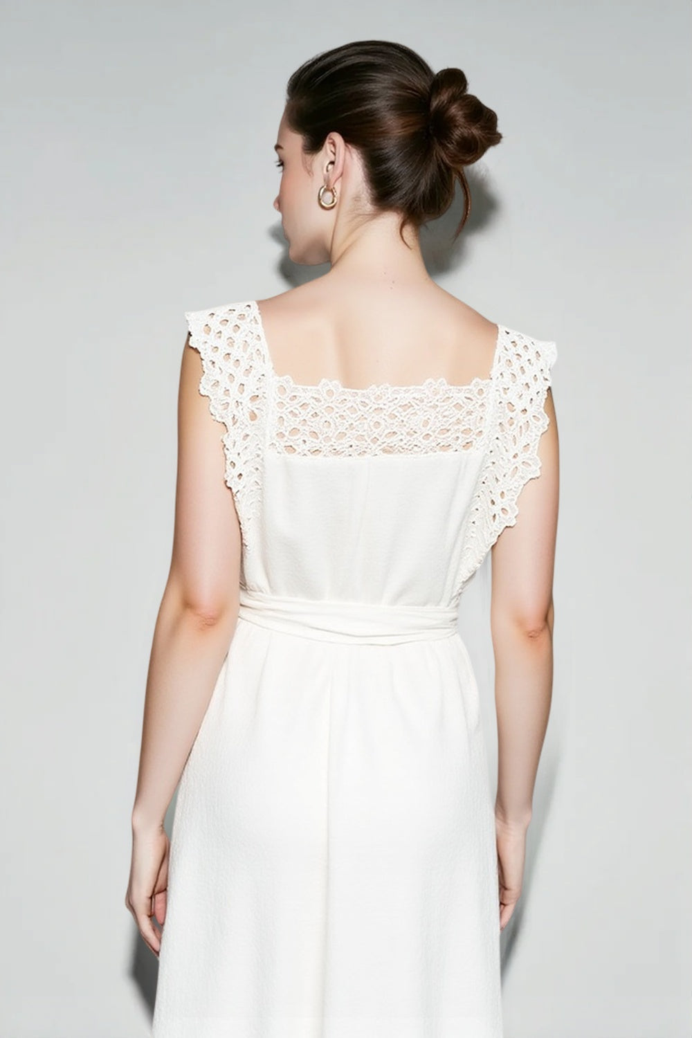 Eyelet Square Neck Ruffle Strap Belted Scalloped Hem Midi Dress 4