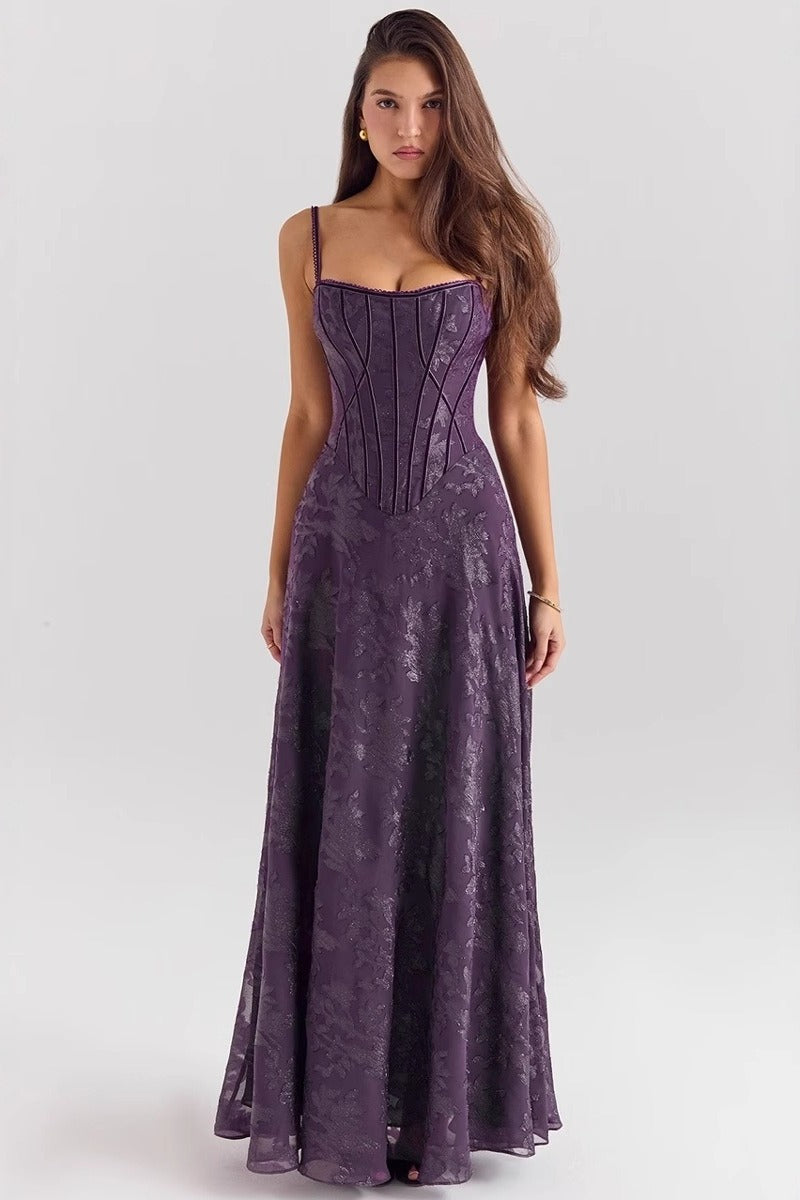 Floral Spaghetti Strap Corset A-Line Maxi Dress