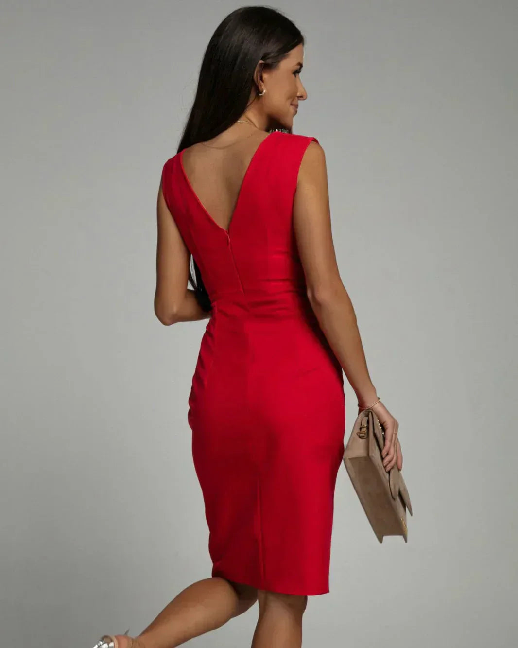 Deep V-Neck Pleated Shoulder Wrap High Split Midi Cocktail Dress - View 2