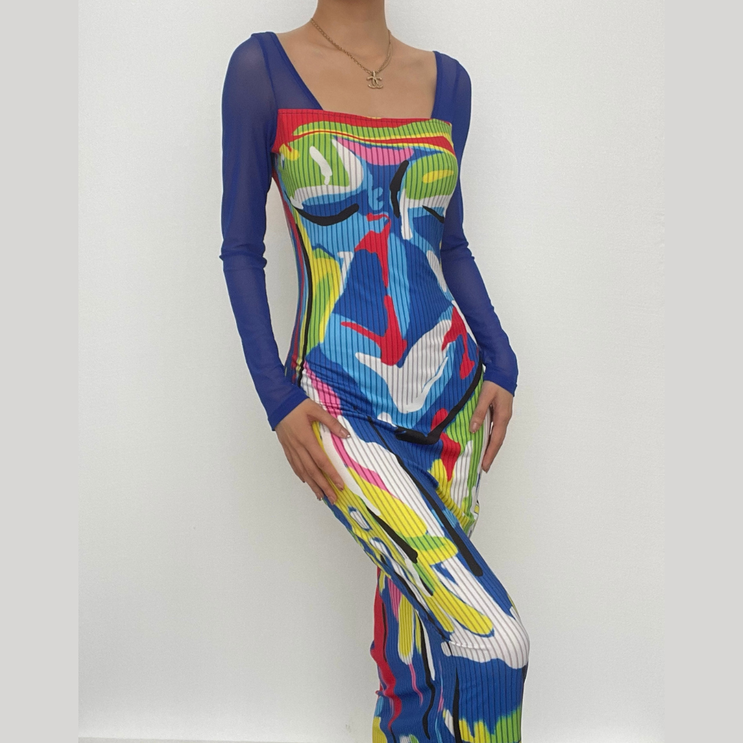 Long sleeve contrast abstract mesh midi dress