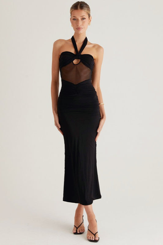 Halter Neck Twist Front Cut Out Sheer Mesh Mermaid Maxi Dress - View 5