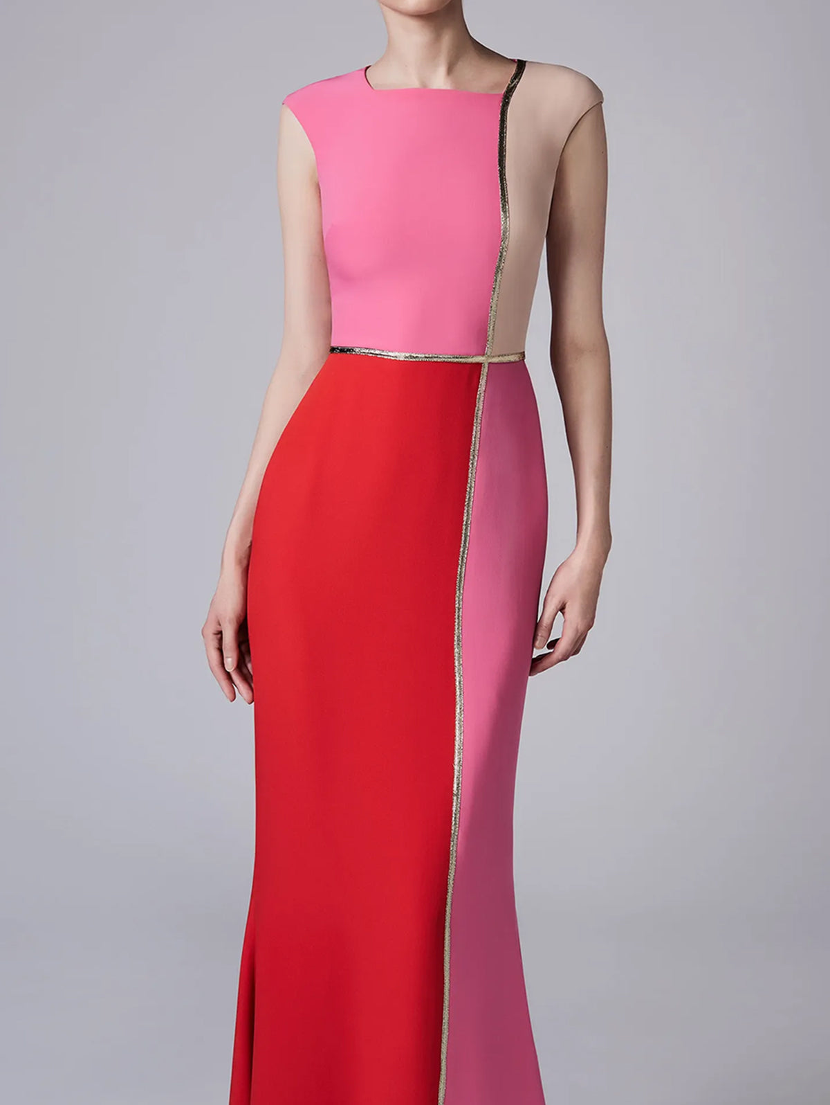Sleeveless Color Block Contrast Piping Bodycon Mermaid Hem Maxi Gown - View 3