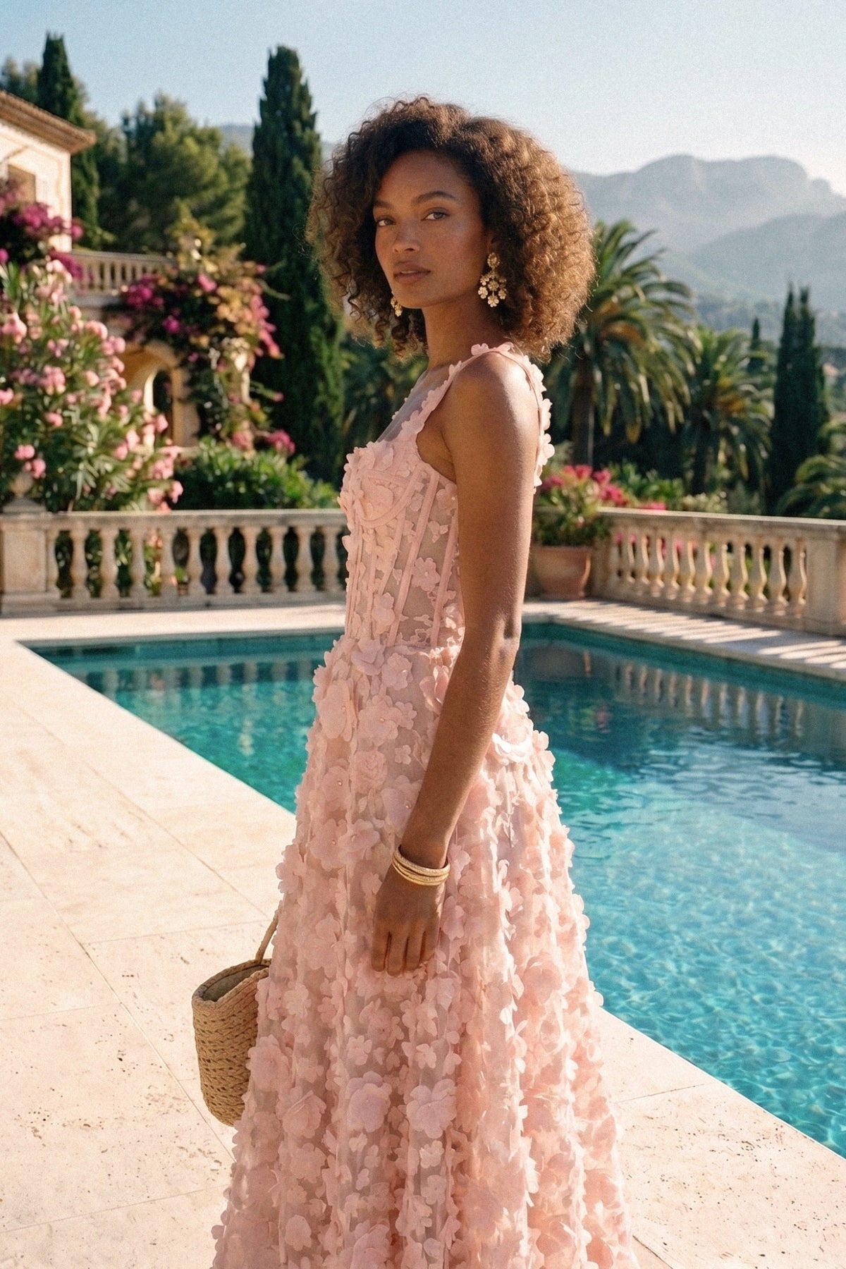 Floral Appliqué Maxi Dress With Corset Bodice - Pink - View 3