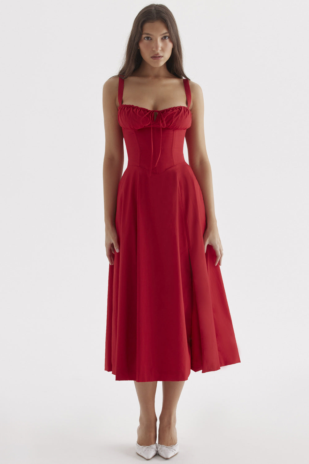 Sweetheart Neck Corset Tie Front Fit and Flare Midi Dress - View 12