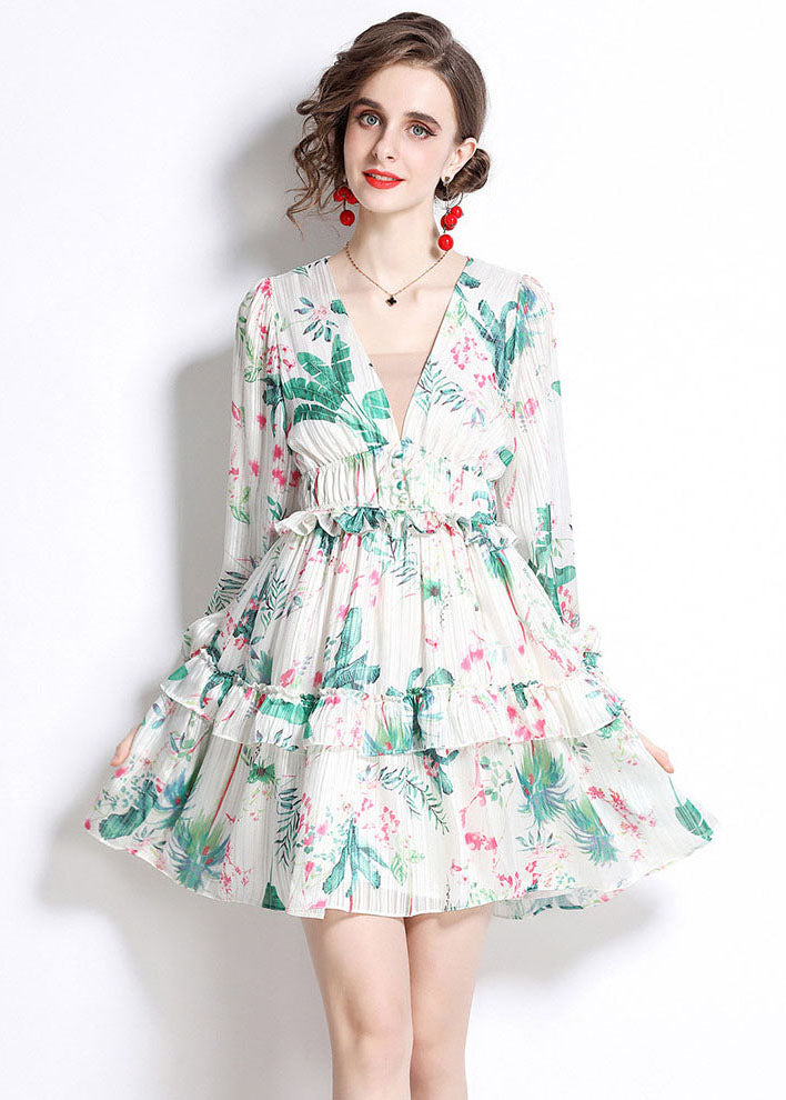 Tropical Palm Print Deep V-Neck Ruffle Cuff Mini Dress