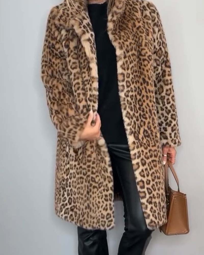 Leopard Print Faux Fur Lapel Collar Longline Coat 2